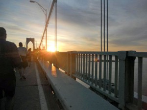 The sunrise view from the long uphill to the top of the Pell Bridge