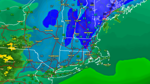 Cold air hangs on inland in New England Monday evening